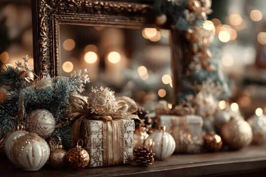 Christmas frame made from gift boxes, paper decorations, jingle bells, spruce branches. Generative AI