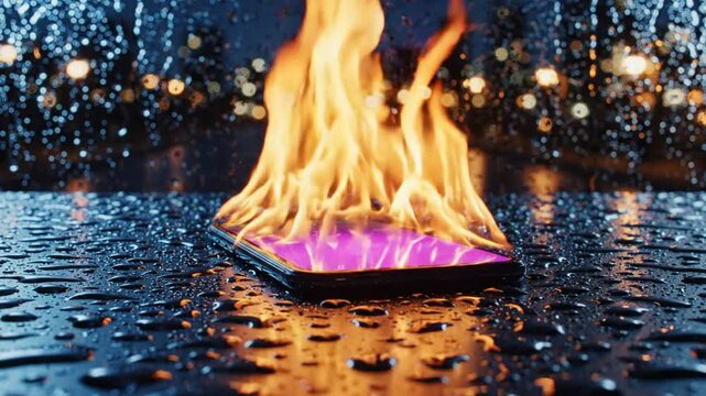 Smartphone burning on wet surface with bokeh city lights concept of overheating technology and digital crisis