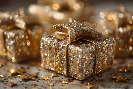 Gift or present boxes and stars confetti on golden table top view. Flat lay composition for birthday, christmas or wedding.