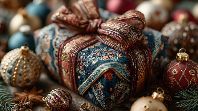 Charming flat lay of christmas gift surrounded by festive decorations on a white surface