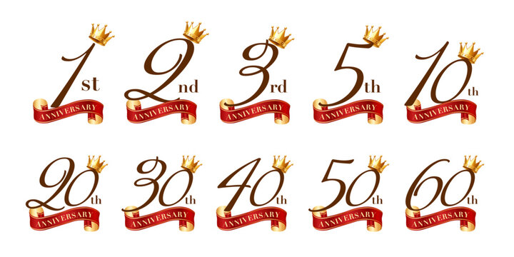 Elegant anniversary number vector set with crown and red ribbon for celebration typography
