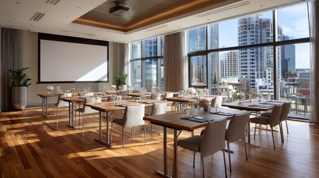 Modern corporate conference room with u-shaped meeting tables, projector screen, sunlit city skyline views, wooden flooring, professional business meeting space, team collaboration and executive prese