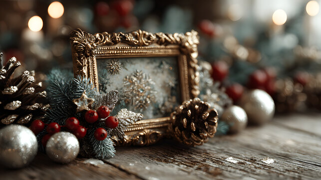 Seasonal flat lay showcasing a framed Christmas design with winter-themed decorations on wooden background
