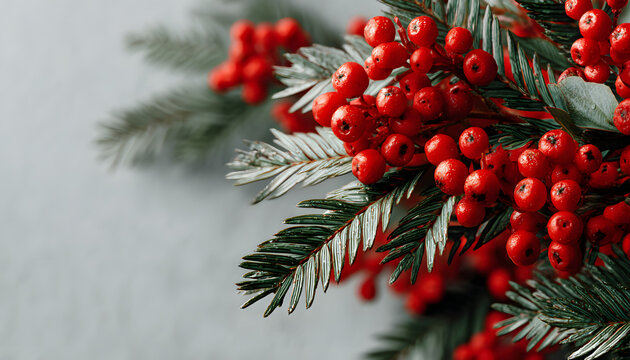 Christmas composition flatlay. Spruce branches, and red berries on a white background with space for text. Christmas holiday composition flat lay featuring spruce branches and red berries