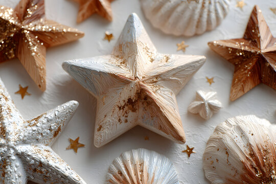 Christmas composition. Wooden decorations, stars on white background. Christmas, winter, new year concept. Flat lay, top view, copy space.