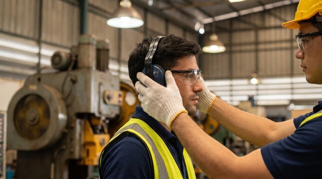 Industrial worker helping colleague put on earmuffs and protective eyewear in factory manufacturing plant with heavy machinery equipment background