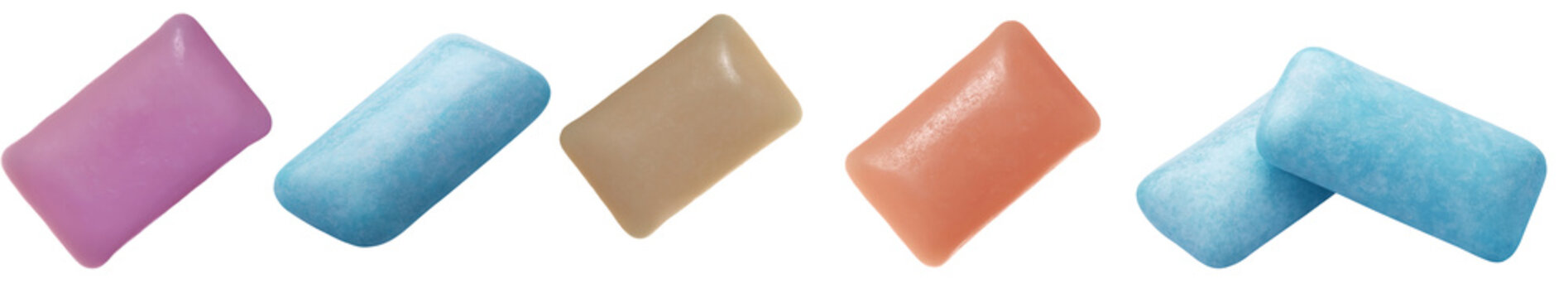 assorted colorful chewing gum sticks in various fruity flavors, presented individually and stacked, isolated on white background.