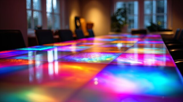 Vibrant modern conference room with colorful lights reflecting on meeting table, contemporary corporate office interior for business meetings, team collaboration, professional discussions, presentatio
