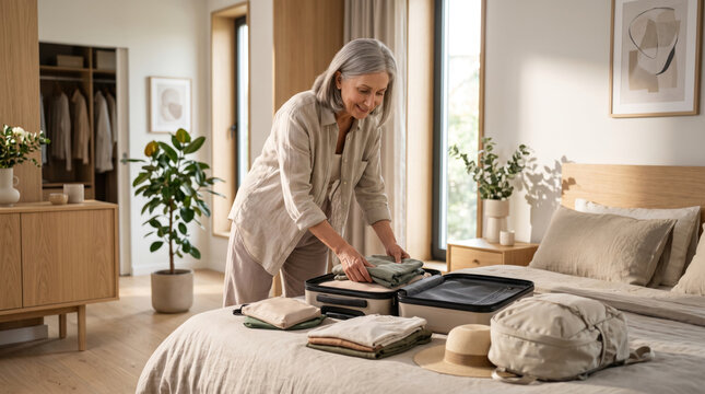 Mature woman packing travel bag for independent living in bright bedroom with folded clothing and soft natural light.