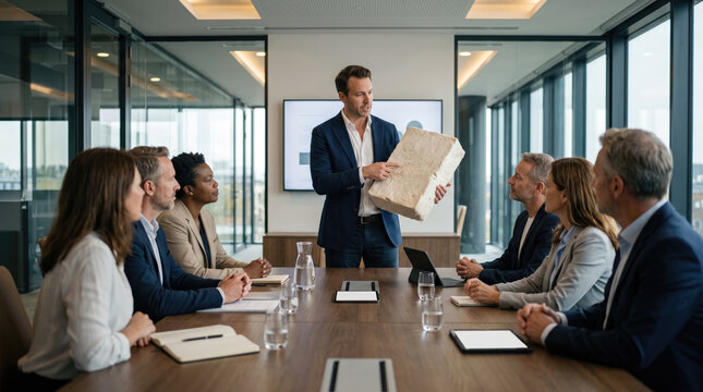 Corporate team examines sample material as presenter explains mycelium packaging concept during bright, collaborative office meeting with focused.