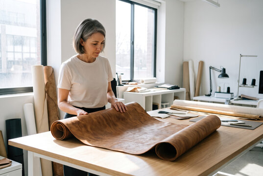 Leather mycelium material inspires designer exploring sustainable fabric in bright modern studio with natural light.