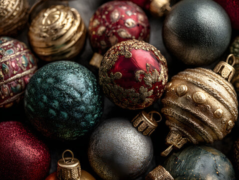 Christmas bauble ornaments - overhead view flat lay