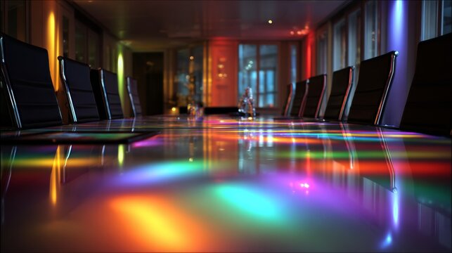 Vibrant modern conference room with colorful lighting reflecting on meeting table, contemporary corporate office interior for business meetings, team collaboration, professional discussions, presentat