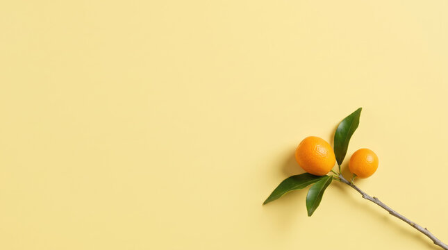 Kumquat fruit green leaf branch on pale yellow background, arranged with generous copy space and bright, minimal composition.