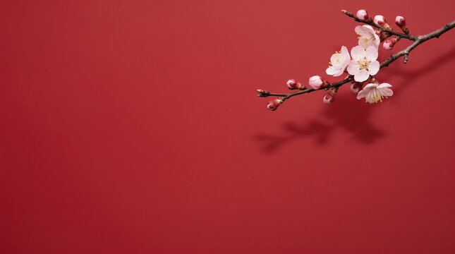 Plum blossom branch pink flower red background delicate twig floral shadow elegant composition blossom springtime negative space botanical.