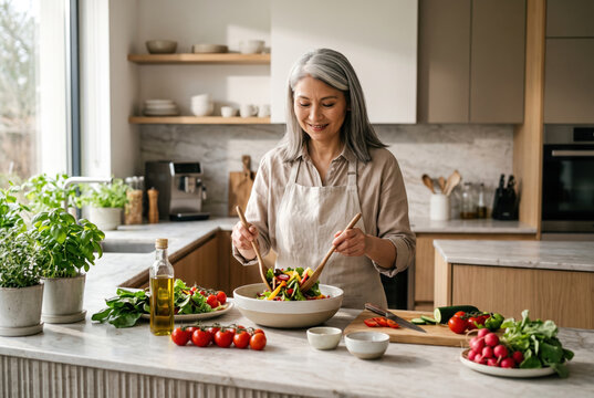 Mature woman preparing fresh salad in bright home kitchen, enjoying independent living and healthy cooking.