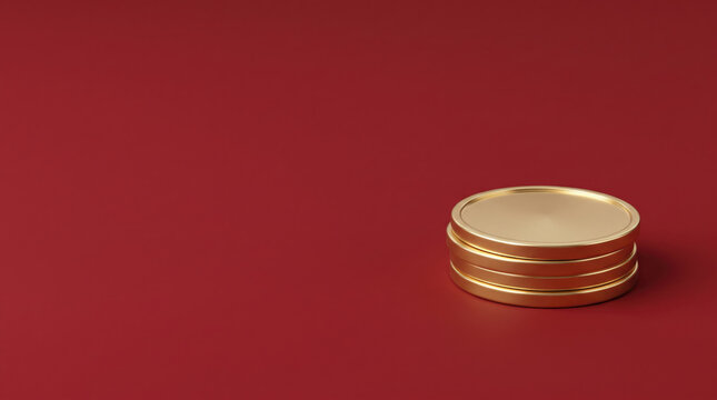 Three gold cosmetic tins stacked on deep red surface, positioned at far right against seamless red background with generous copy space.