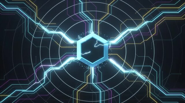 Glowing neon circuit lines converging from corners to form a central hexagonal node over a dark grid, symbolizing B2B vendor management, centralized procurement hubs, and supply chain networks.