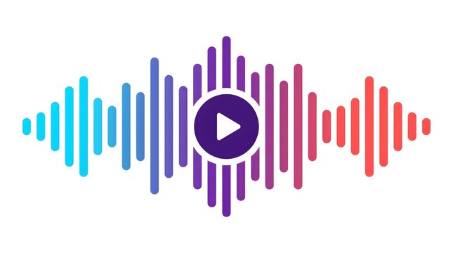A colorful digital audio waveform icon featuring a central play button symbol on a white background