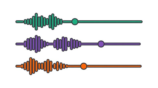 Three colorful audio waveform icons with circular indicators aligned horizontally on a plain white background