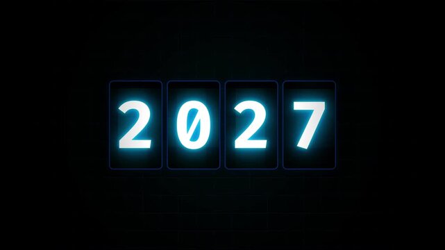 Digital counter displays the changing years 2026 to 2027 with glowing blue numbers on a dark background with digital clock interface