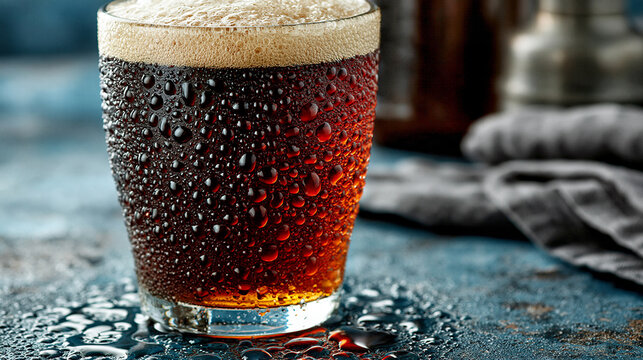 Glass of cold refreshing dark beer with condensation droplets on textured surface