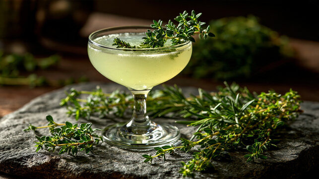 A herbal cocktail in a classic coupe glass garnished with fresh thyme on stone