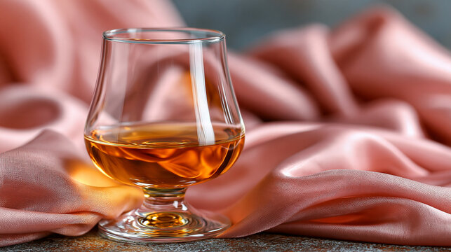 A snifter glass filled with golden amber brandy served on draped pink fabric