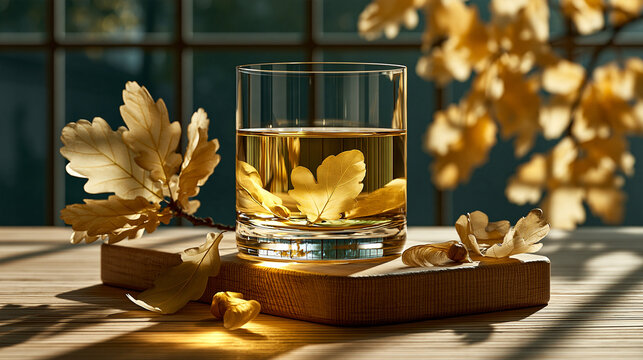 A glass of golden autumn cider served on a wooden board with dried oak leaves