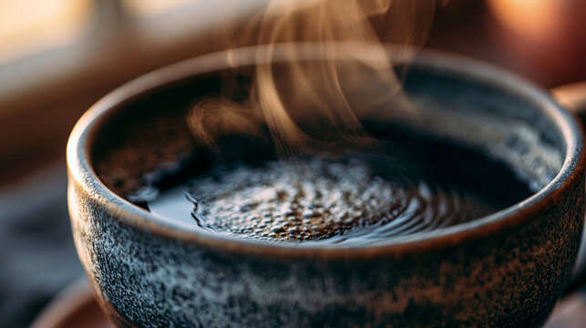 Close up of a steaming cup of dark roasted hot coffee with black still life