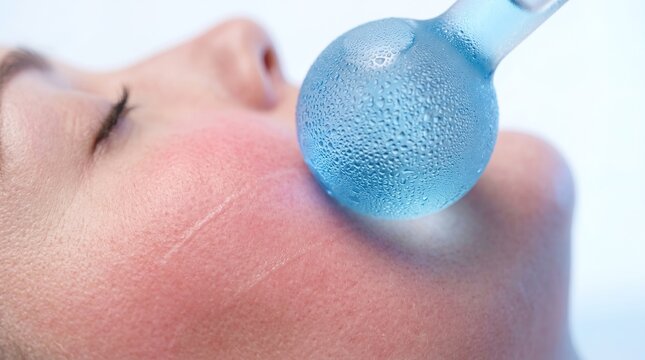 Close up of woman receiving facial massage with cooling ice globe for soothing sensitive skin