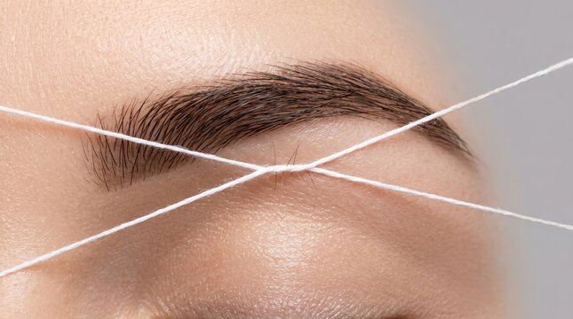 Extreme close up macro of eyebrow threading epilation and shaping hair removal process