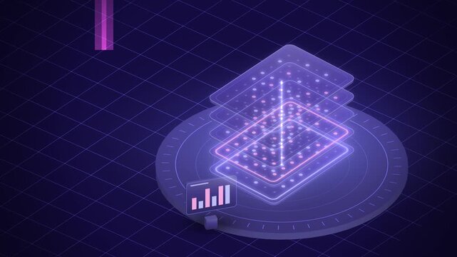 Indigo holographic AI layers stack with light columns endless loop