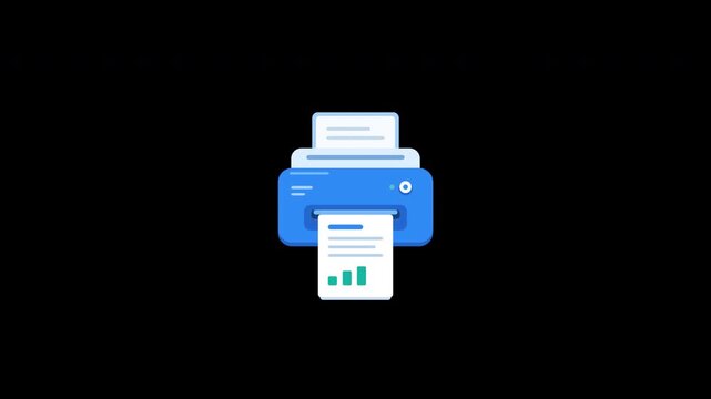 A 2D flat animation of a blue printer outputting a document with charts. A seamless loop with an alpha channel for use on a transparent background in business and office video projects.