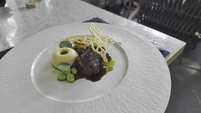 Braised Beef Cheek Fine Dining Plate with Sugar Decoration