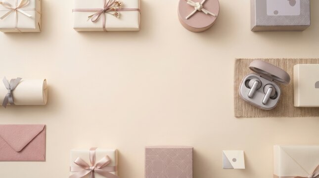 Pastel wireless earbuds and wrapped gifts arranged in a minimal beige tabletop flat lay