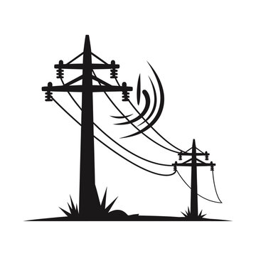 Industrial power line silhouette vector, electric utility poles with high voltage transmission cables, black energy infrastructure icon, electrical grid supply distribution graphic