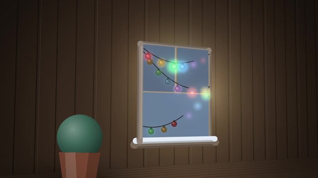 Christmas string lights across frosted window angled view endless loop