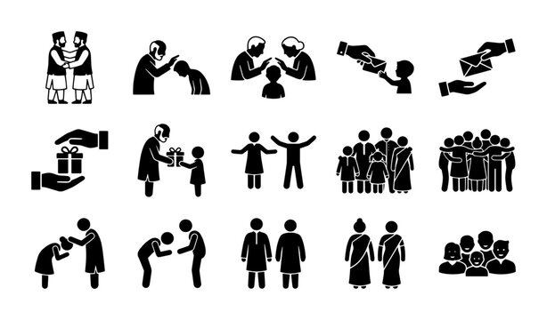 Indian culture and family traditions icon set, 15 black silhouette pictograms of respect and greetings, traditional south asian social customs vector