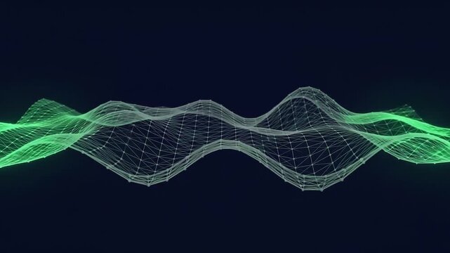 An undulating digital wireframe soundwave shifting from neutral white to a vibrant glowing green, symbolizing B2B customer sentiment analysis, positive feedback metrics, and AI voice data analytics.