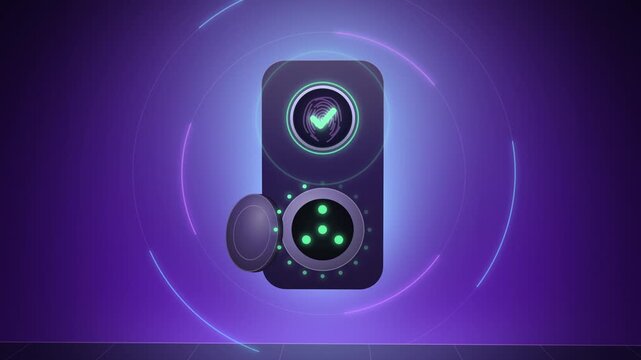 Purple fingerprint EV charger unlocking with glowing scan detail view