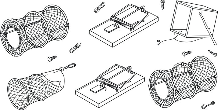 Animal Trap and Cage Icon Set with Mousetraps Net Catchers and Box Devices for Pest Control Management Illustrations