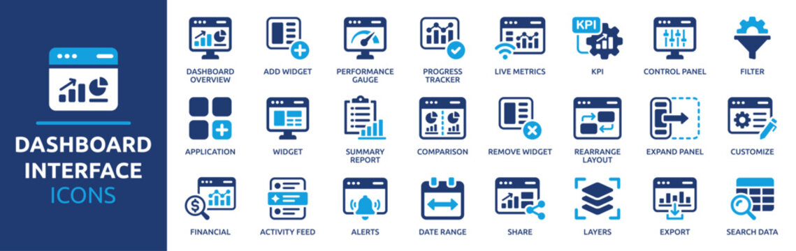 Dashboard Interface Icon Set with Widgets, KPI, Analytics, Control Panel, Filters, Reports and Layout Customization. Solid Vector Icons Collection.
