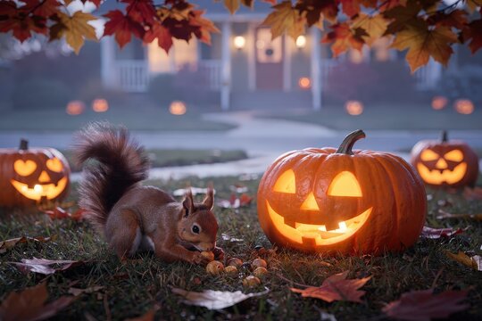 Curious Squirrel Gathering Acorns Beside Glowing Jack-O'-Lanterns on Autumn Lawn, Twilight Atmosphere with Warm Light, Vibrant Orange and Red Leaves, Capturing Whimsical Halloween Charm