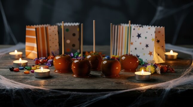 Glistening Caramel Apples on Rustic Wooden Table Surrounded by Colorful Candy and Flickering Tealights, Dimly Lit Halloween Setting, Soft Shadows and Cobwebs, Capturing Festive Autumn Spirit