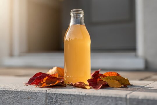 Refreshing Bottle of Apple Cider on Stone Steps Surrounded by Vibrant Autumn Leaves, Soft Morning Light Creating a Warm Glow, Earthy Tones, Capturing Seasonal Comfort and Tranquility