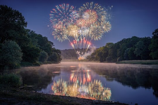 Vibrant Fireworks Display Illuminating Night Sky Over Serene Lake, Reflective Water Surface, Dense Forest Framing Scene, Rich Color Palette of Blues and Greens, Capturing Celebration and Wonder