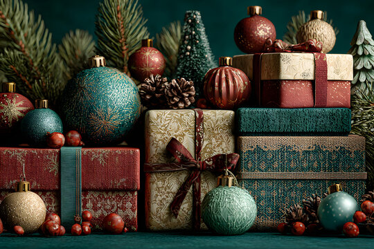 Christmas gifts and decorations on green background