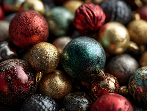 Christmas bauble ornaments - overhead view flat lay