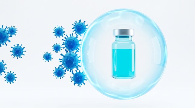Medical vaccine vial protected by a blue bubble shield defending against virus particles representing immunity science defense concept